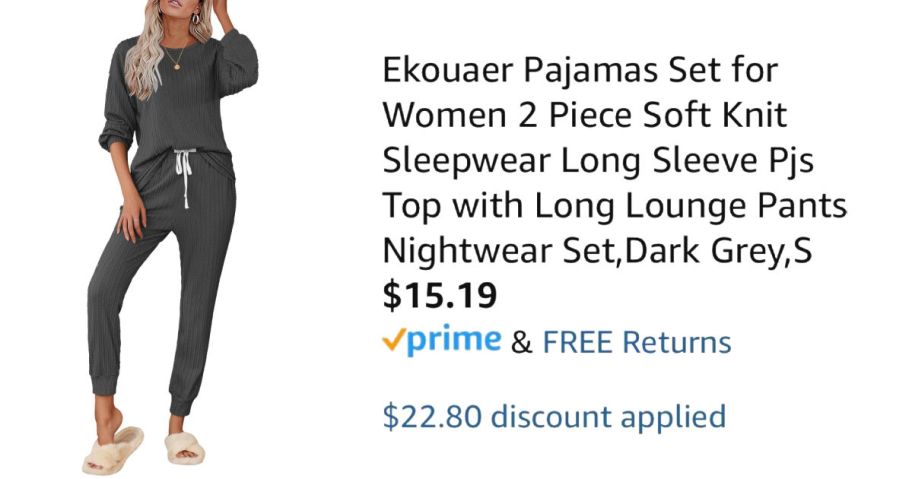 woman wearing gray track suit next to Amazon pricing information