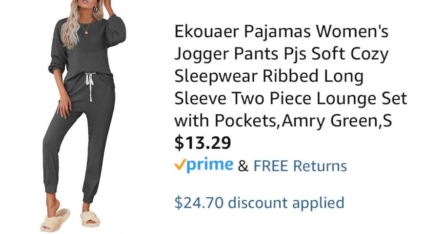 woman wearing gray pajamas next to Amazon pricing information