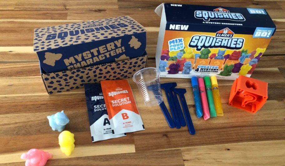 Elmer's Squishies activity kit and contents on a table