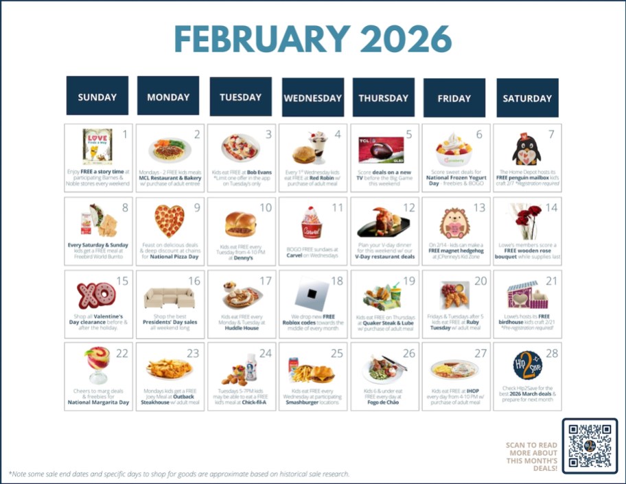 best february sales calendar with various deals and sales for the month