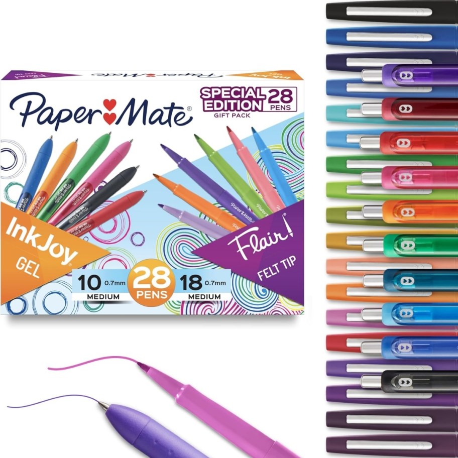a 28 count variety pack of gel and felt tip pens
