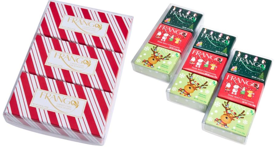 Frango Chocolates Holiday 1/3 LB Holiday Candy Cane Box of Chocolates 3-Pack and Milk Mint, Dark Mint & Green Mint Chocolates 3-Pack