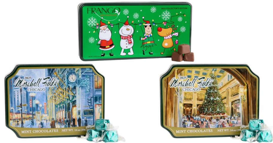 Frango Chocolates 1 LB Holiday Collector's Tin Milk Mint Chocolates, Marshall Field's Holiday Clock Tin Milk Mint Chocolates 14oz, and Marshall Field's Holiday Walnut Room Tin Milk Mint Chocolates 14oz
