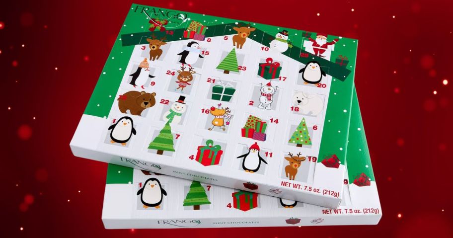 Frango Chocolates Holiday Milk Mint Chocolate Advent Calendar 2-Pack against red background