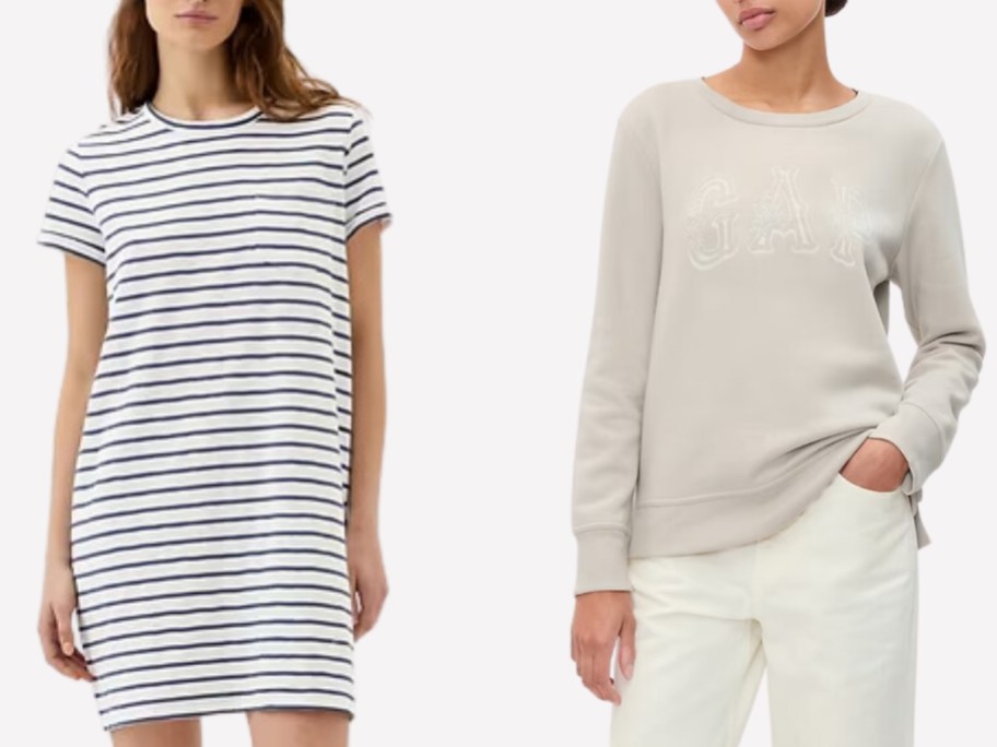 A woman wearing a black and white striped t-shirt dress and a woman wearing a cream GAP logo sweatshirt and pants.