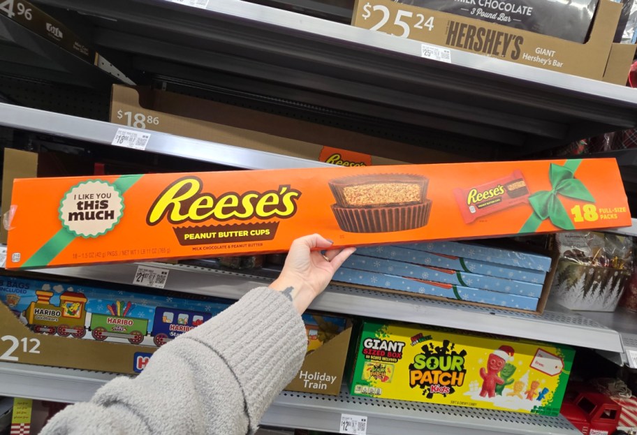 A hand holding a giant Reese's gift box.