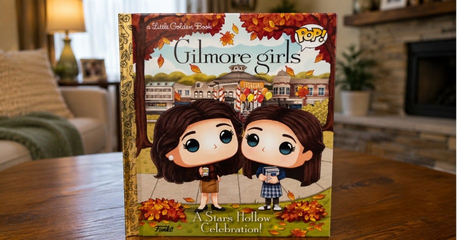 a Gilmore Girls Little Golden Book on a coffee table