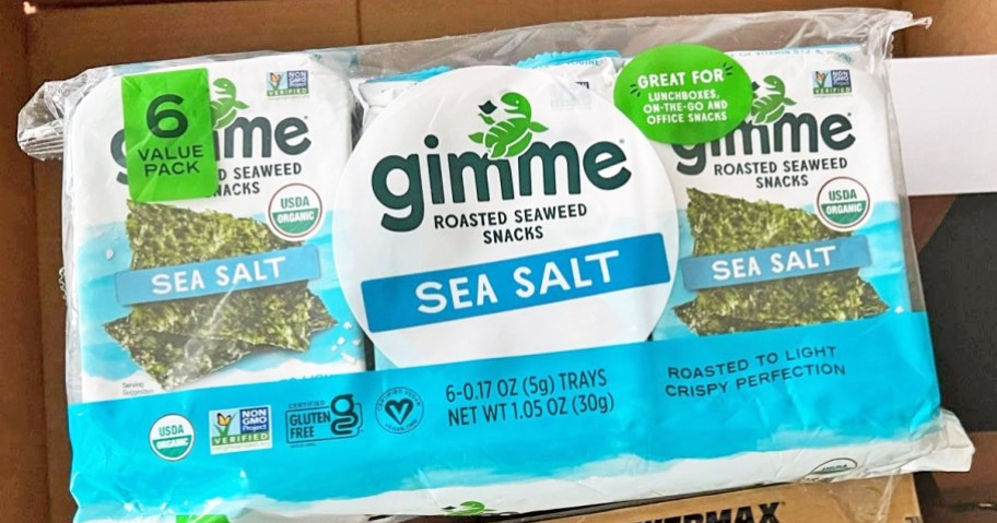 blue pack of gimMe Organic Roasted Seaweed Sheets in sea salt flavor