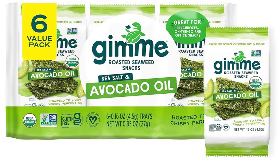 green pack of gimMe Organic Roasted Seaweed Sheets in Sea Salt & Avocado Oil flavor