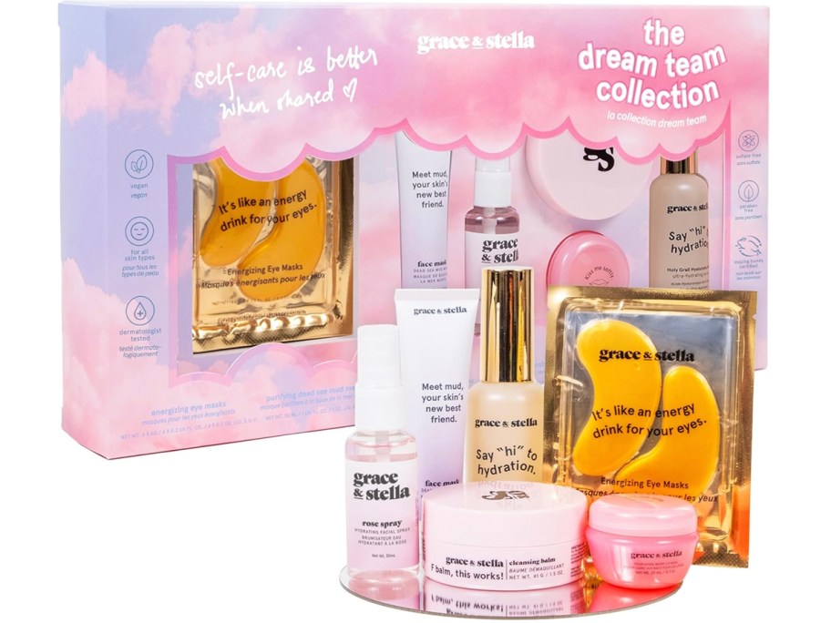 stock image of a grace stella gift set with products in front of it 