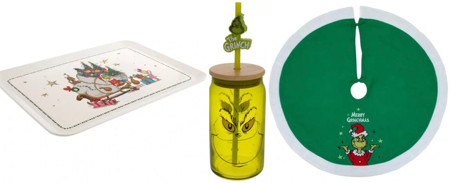 grinch tray, cup, and tree skirt 