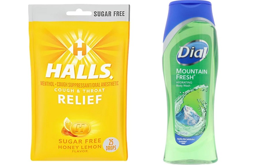 halls cough drops and dial body wash