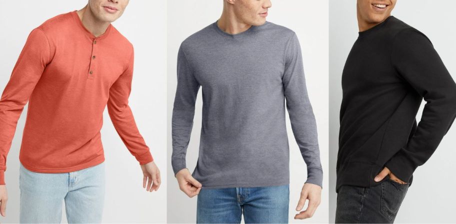 3 male models wearing hanes long sleeve tops