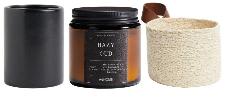 a cup, candle, and basket