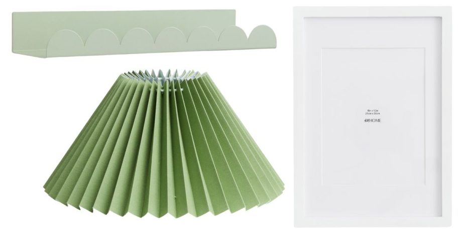 a shelf, lamp shade, and picture frame