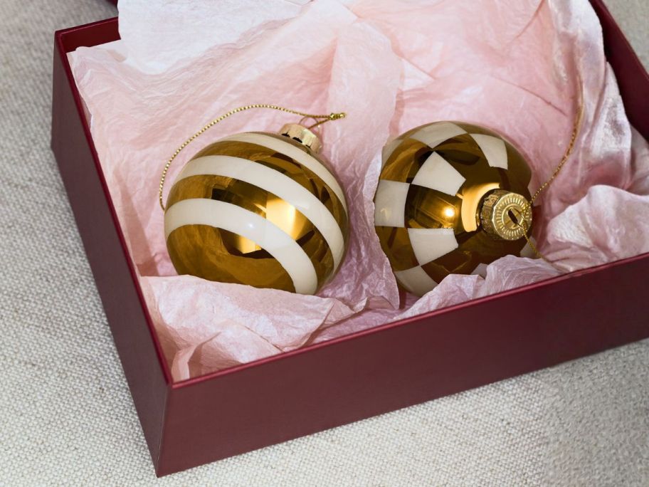 christmas tree ornaments in box