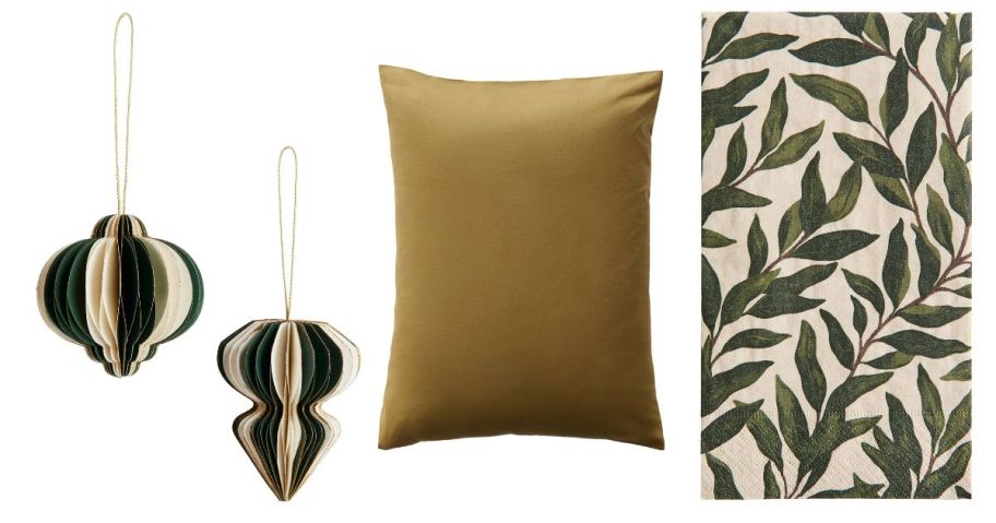 christmas ornaments, a pillow case, and napkins