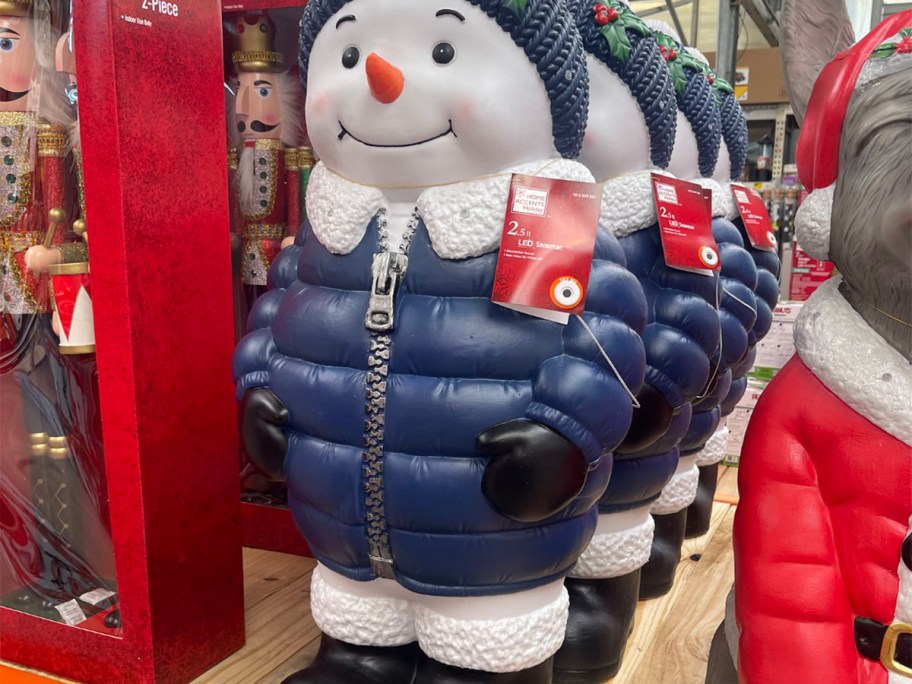 snowman blowmold wearing blue jacket 