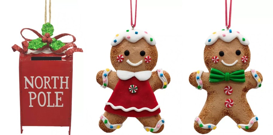 north pole mailbox, and two gingerbread men christmas ornaments