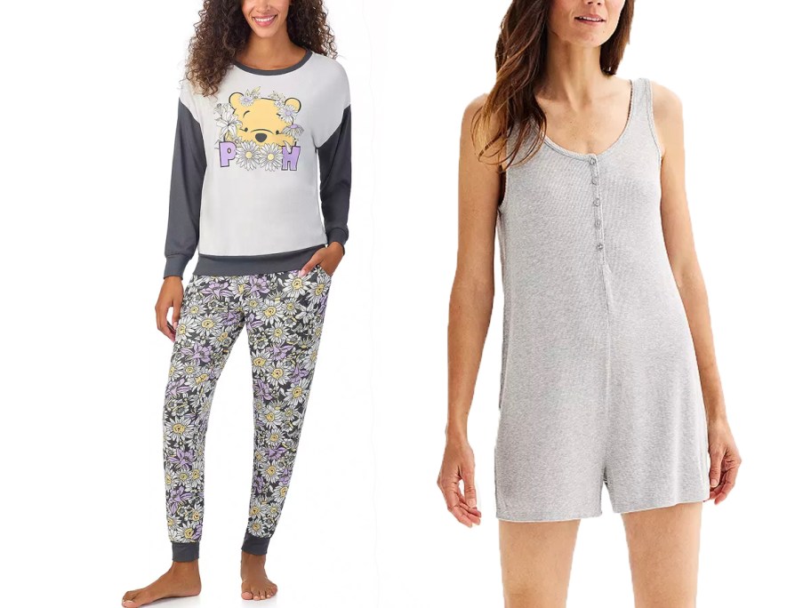 two women wearing pooh bear and romper pajamas 