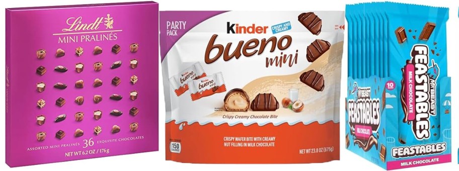 lindt chocolate, kinder beuno, and mr beast chocolate bars 