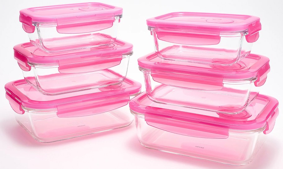 glass rectangle sets with pink lids 