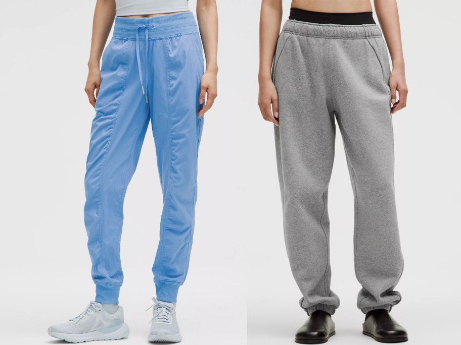 two women wearing blue and gray pants 