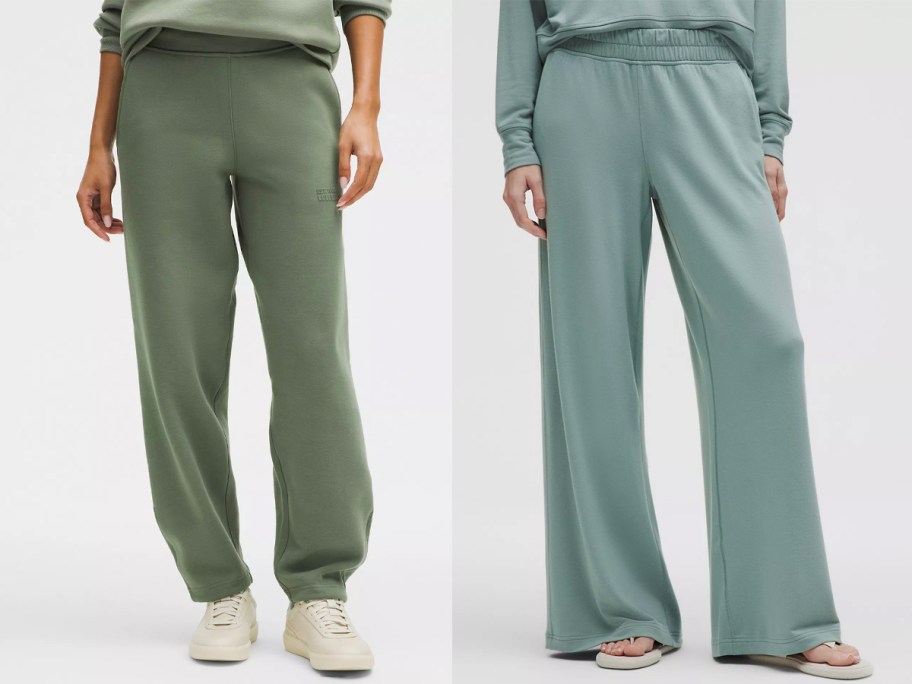 two women wearing green and teal pants 