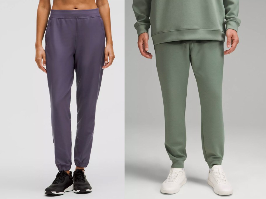 woman wearing purple and man wearing green pants 