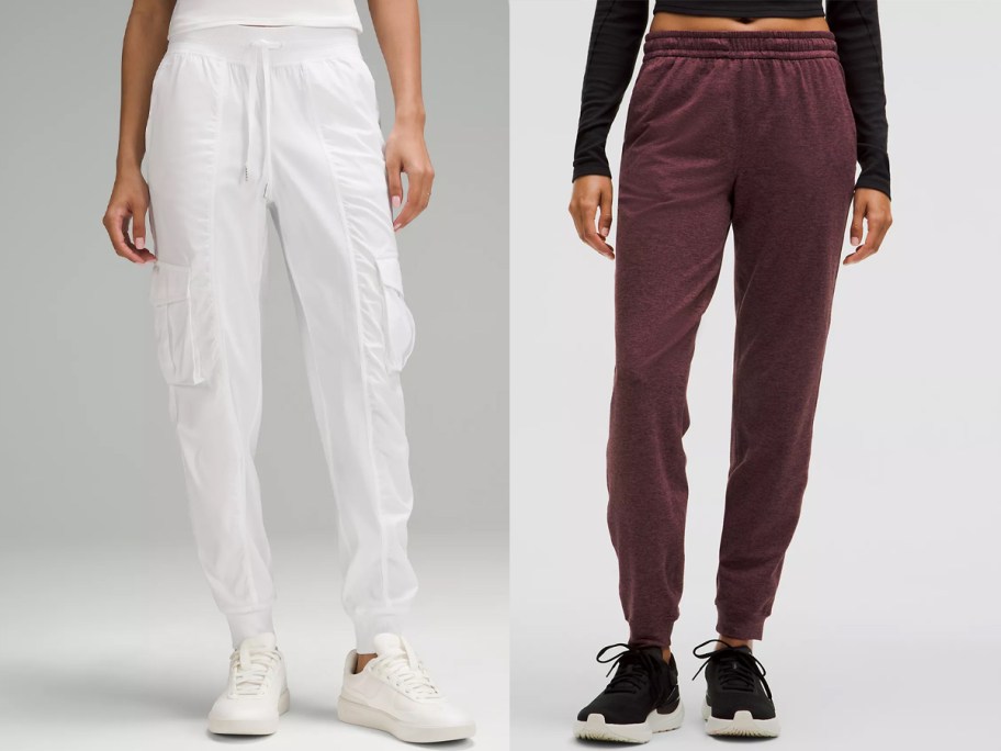 two women wearing white and maroon joggers