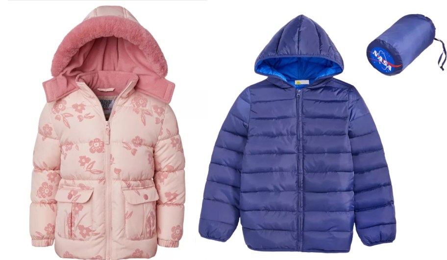 pink floral and blue puffer jackets