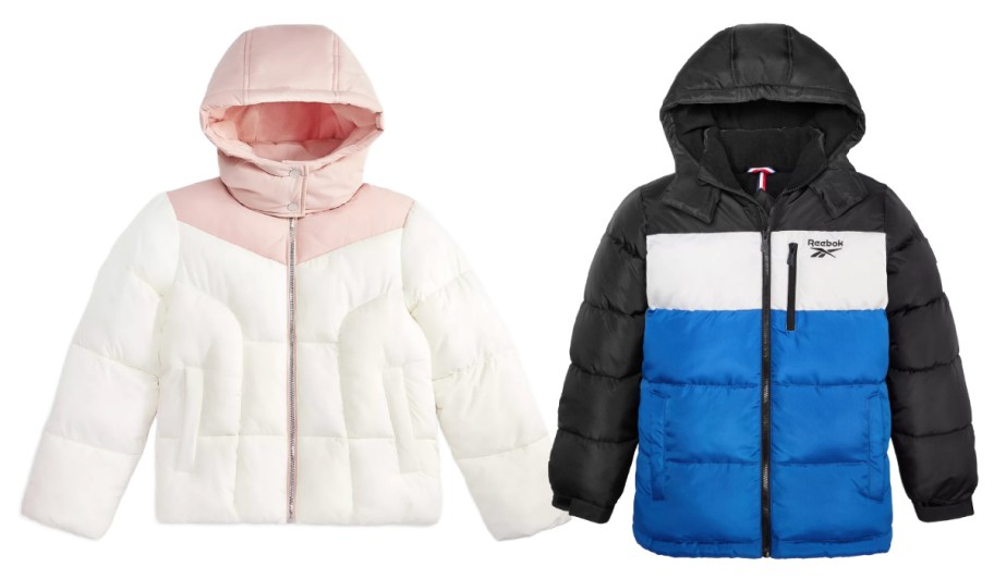 white and black colorblock puffer jackets