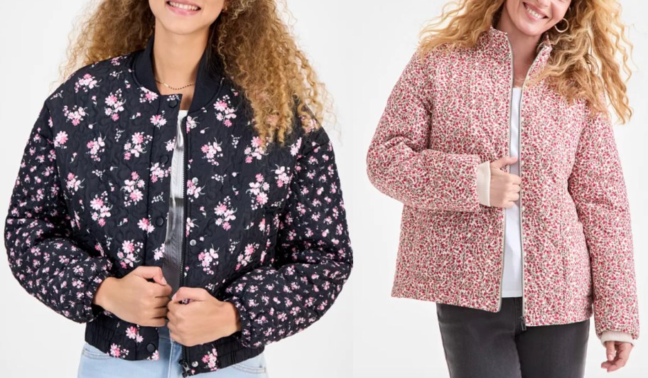 women in blue floral and pink floral jackets