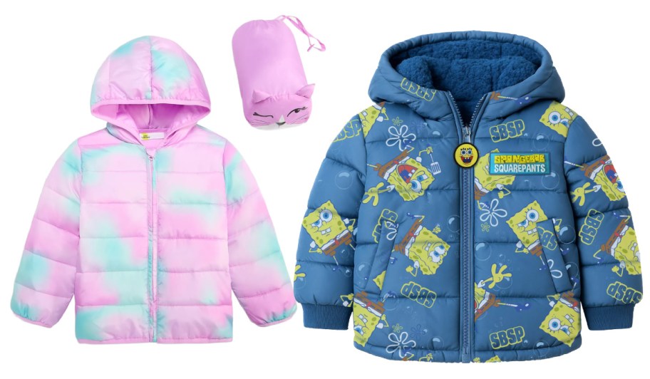 pink and spongebob puffer jackets
