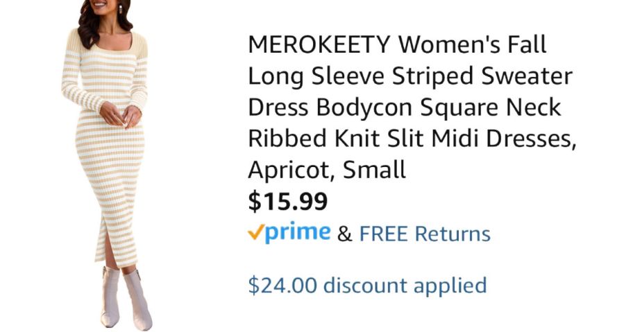 woman wearing striped dress next to Amazon pricing information