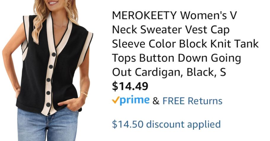 woman wearing black sweater vest next to Amazon pricing information