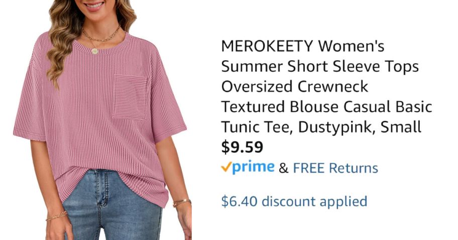 woman wearing pink shirt next to Amazon pricing information