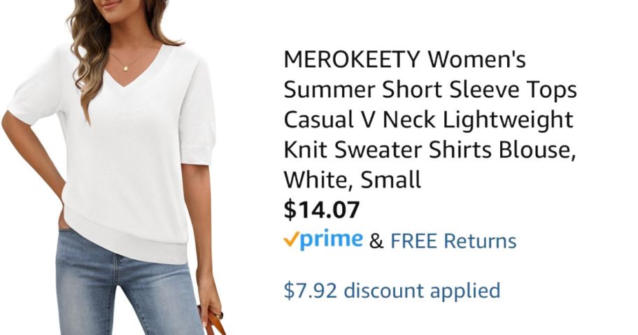 woman wearing white sweater next to Amazon pricing information