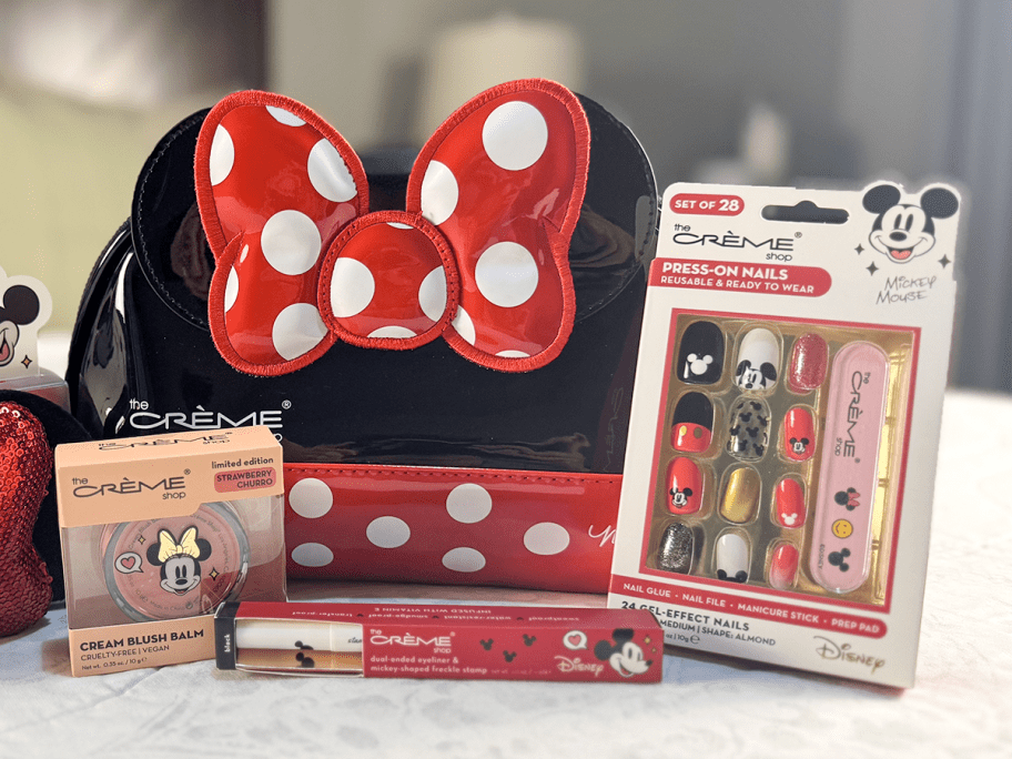 minnie mouse makeup bag with cream blush, freckle pen, and press-on nails set