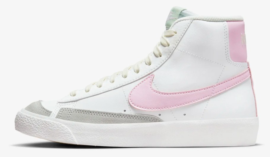 pink and white high top sneakers