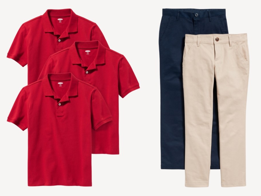 kids set of 3 red polo style school uniform shirts and a pair of khaki and a pair of navy chino uniform pants