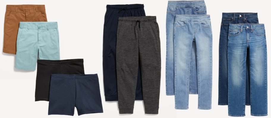 kids shorts, joggers, and jeans