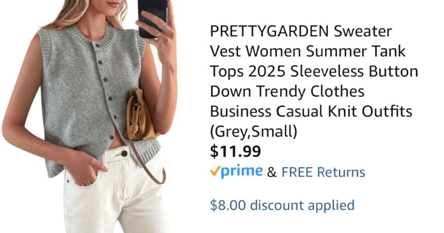 woman wearing gray sweater vest next to Amazon pricing information