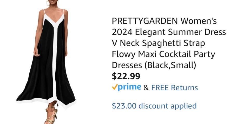 woman wearing black dress with white trim next to Amazon pricing information