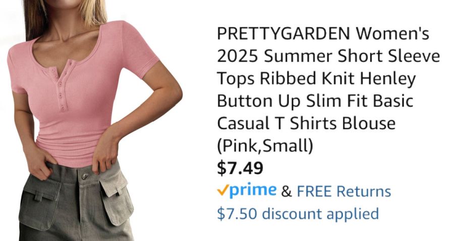 woman wearing pink shirt next to Amazon pricing information