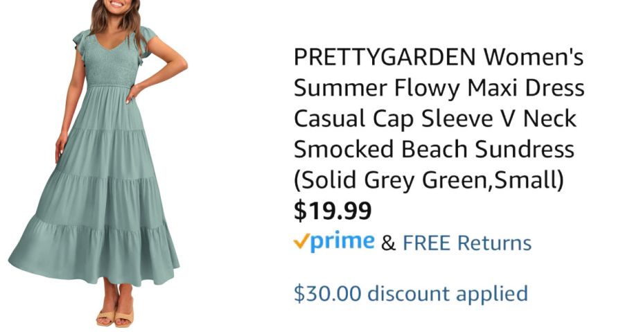 woman wearing green dress next to Amazon pricing information