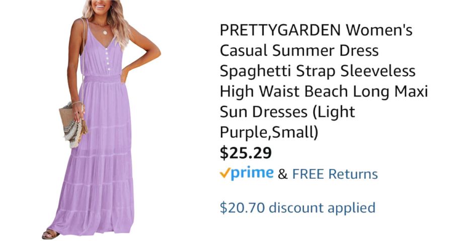 woman wearing purple dress next to Amazon pricing information