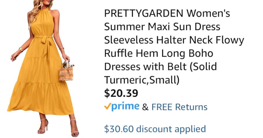 woman wearing yellow dress next to Amazon pricing information