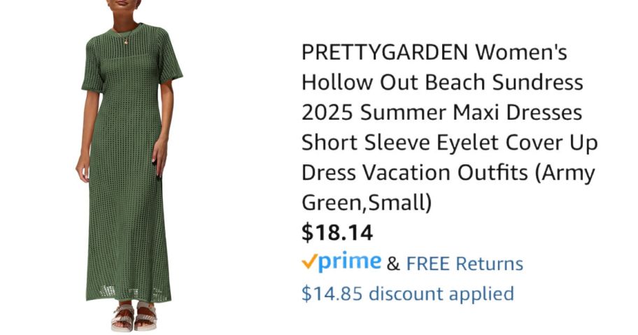 woman wearing green dress next to Amazon pricing information