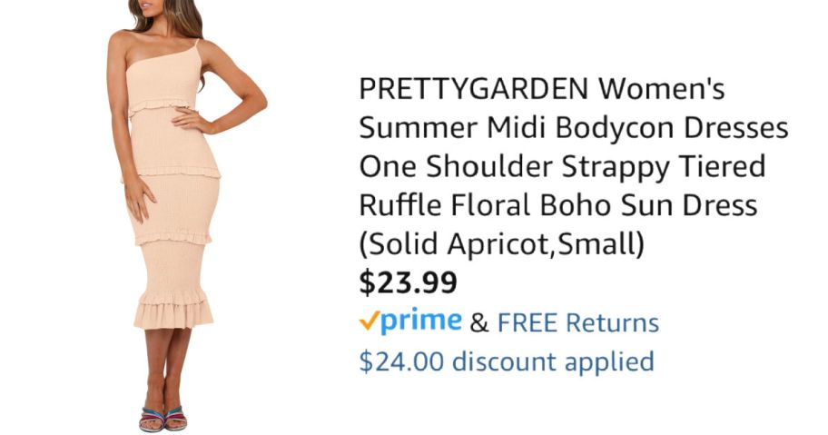 woman wearing dress next to Amazon pricing information